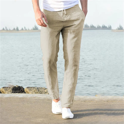 Pantalon streetwear respirant en coton et lin de couleur unie pour hommes