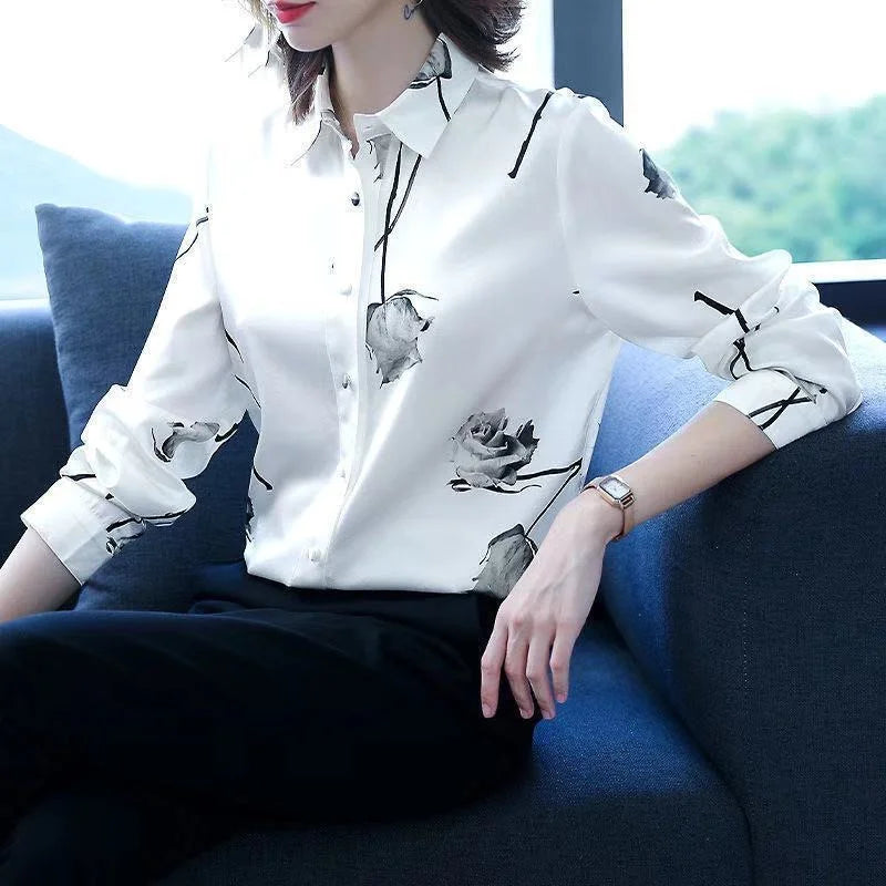 Damen Langarm-Bluse mit Umlegekragen und bedrucktem Oberteil
