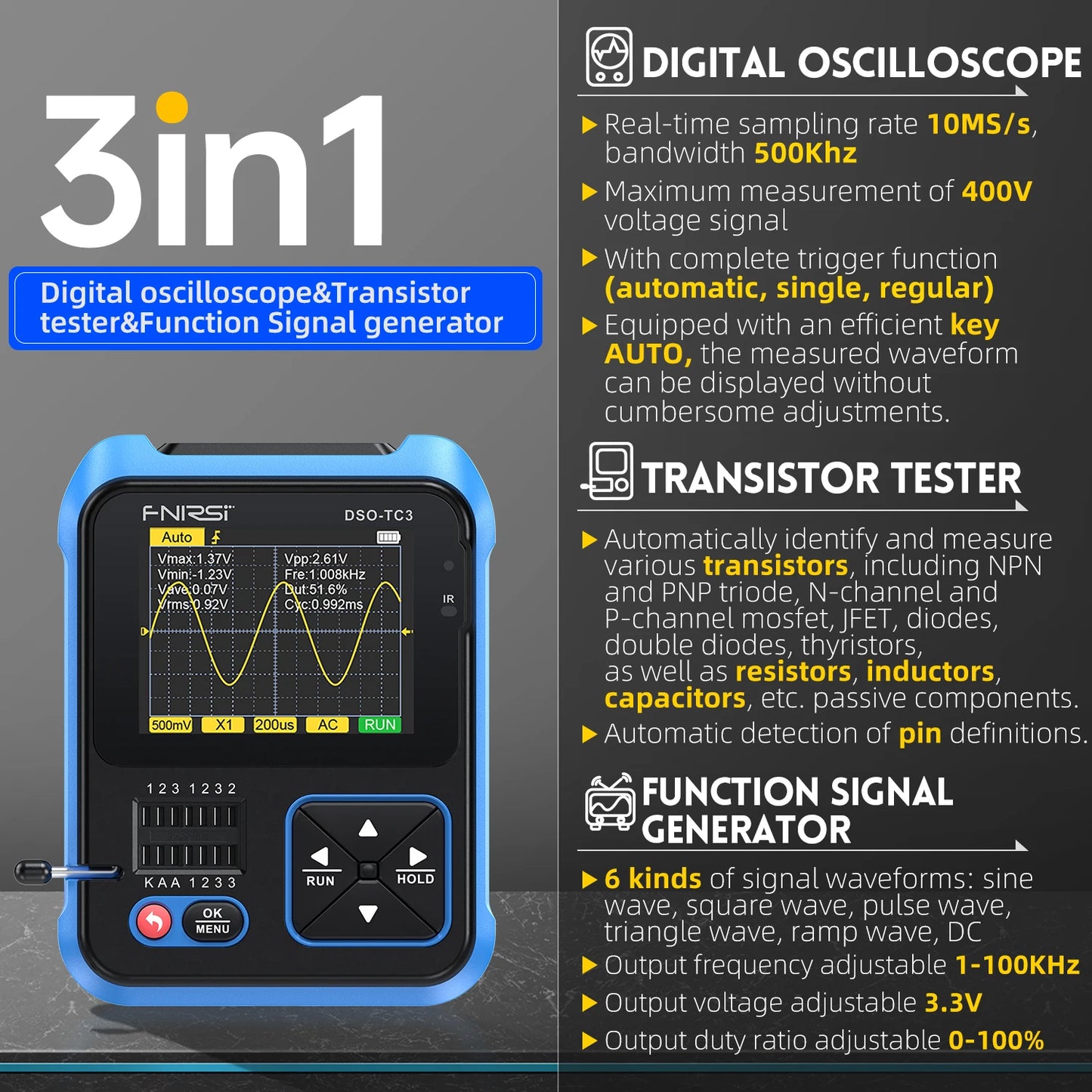 Testeur de transistor et générateur de signaux pour oscilloscope numérique - DSO-TC3