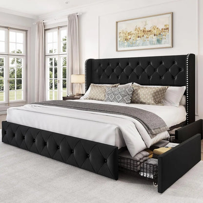 Queen Bed Frame with 4 Storage Drawers and Adjustable Headboard Upholstered Platform Bed