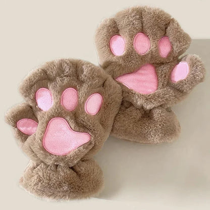 Cute Cat Paw Fingerless Plush Gloves - Warm & Fluffy