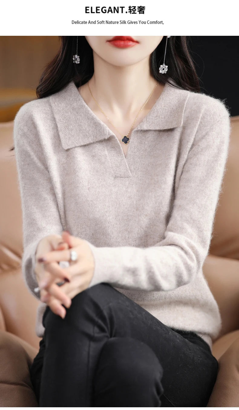 Pulls polo tricotés à manches longues en pur vison et cachemire pour femmes