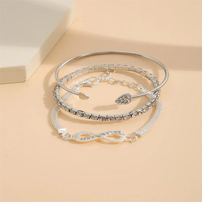 Vintage Set Silver Color Crystal Rhinestone Heart Bracelets for Women Fashion Geometric Adjustable Infinity Cuff Bangle Jewelry