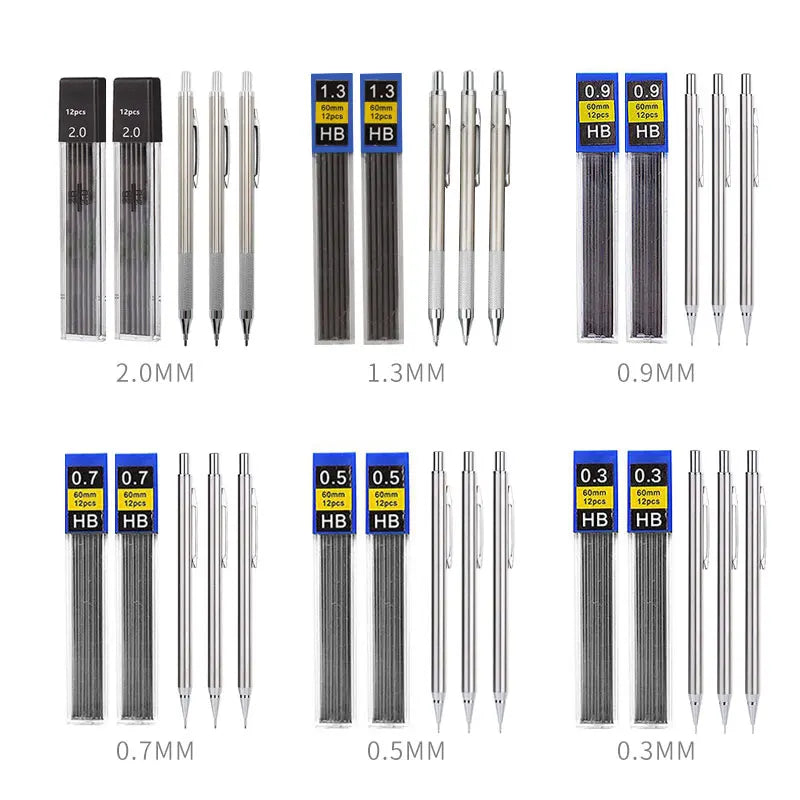 Ensemble de crayons mécaniques pour dessin artistique entièrement en métal - 0,3-2,0 mm