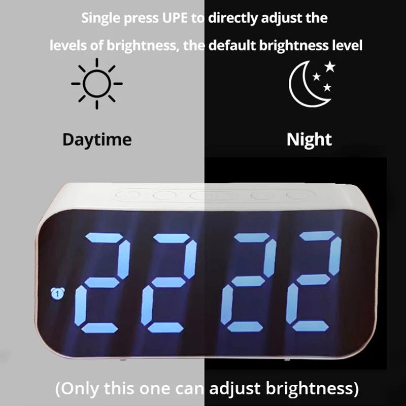 LED Mirror Table Clock with Digital Alarm & Snooze