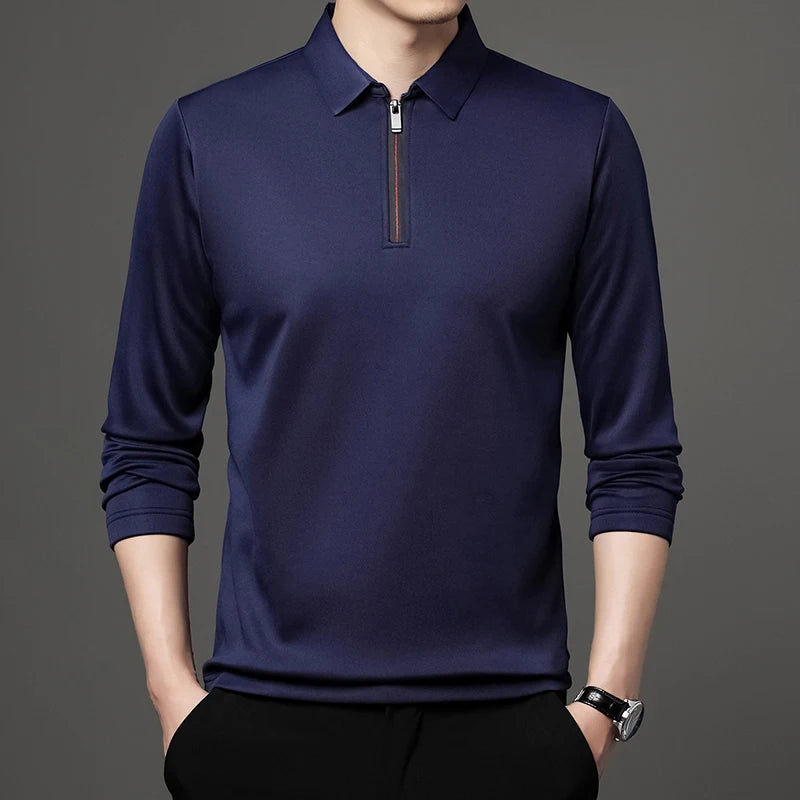 Men's Long Sleeve Zipper Polo Shirt with Turn-Down Collar