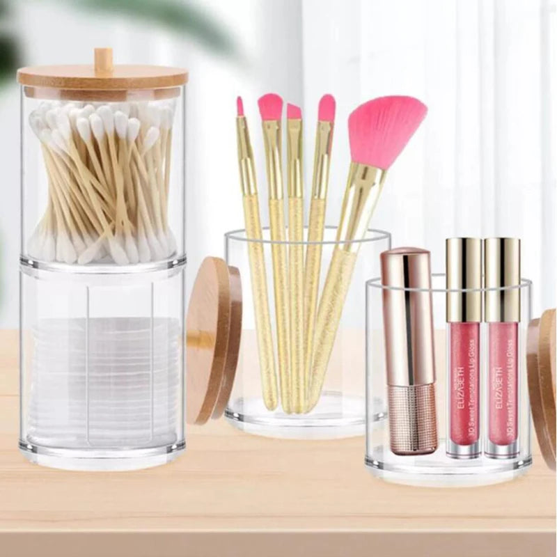 Bamboo Lid Acrylic Q-tip Holder