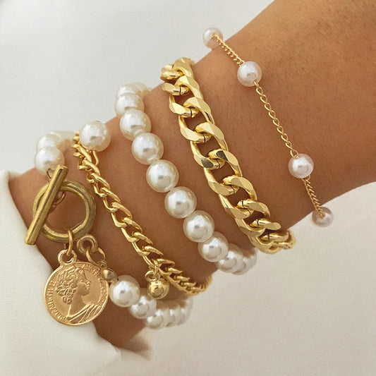 Women's Geometric Pearl Gold Beads Bracelets