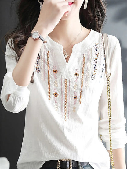 V-Neck Loose Blusas: Women's White Long Sleeve Tops