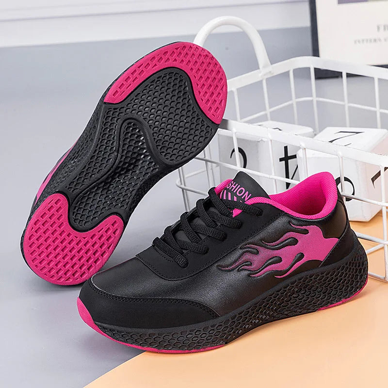 Women's Round Toe Leather Lace Up Sneakers