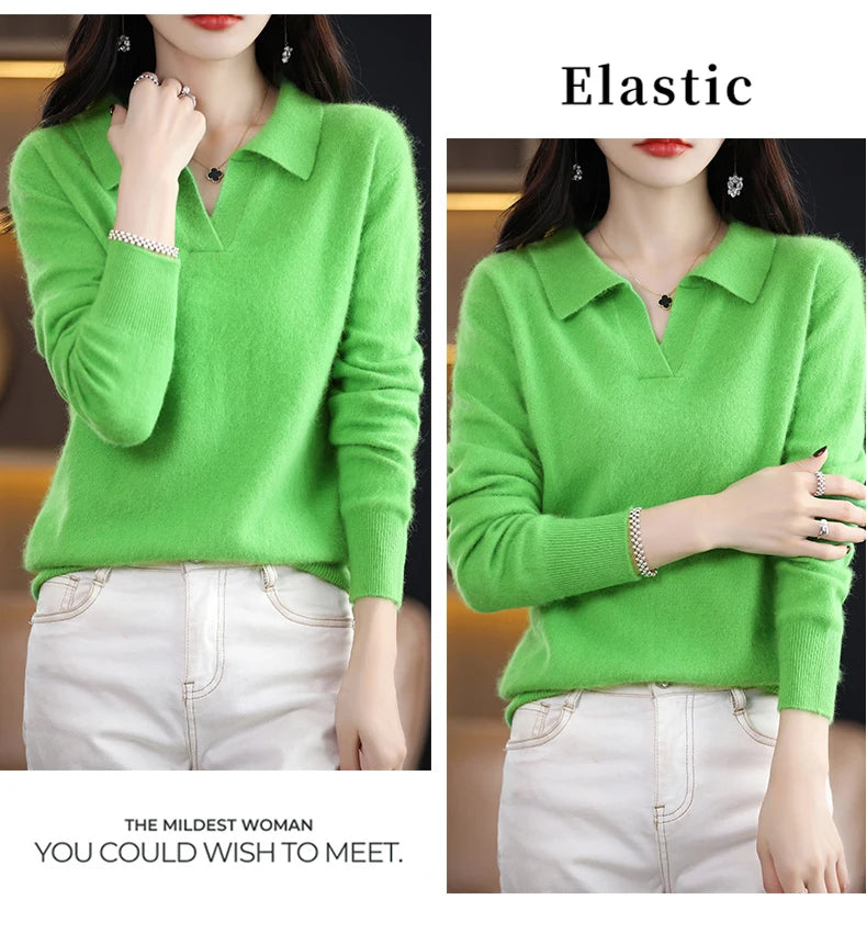 Pulls polo tricotés à manches longues en pur vison et cachemire pour femmes