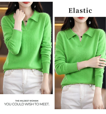 Pulls polo tricotés à manches longues en pur vison et cachemire pour femmes