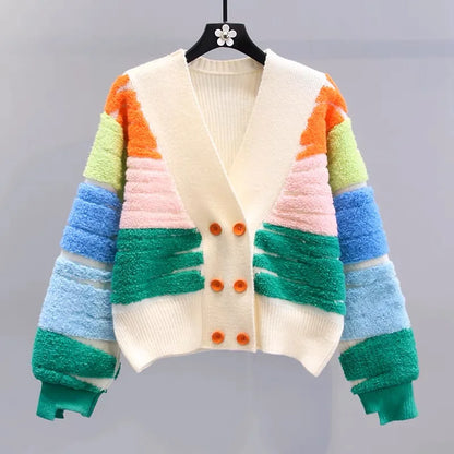 Women's Rainbow Striped Knit Cardigan – V-Neck Double-Breasted Sweater