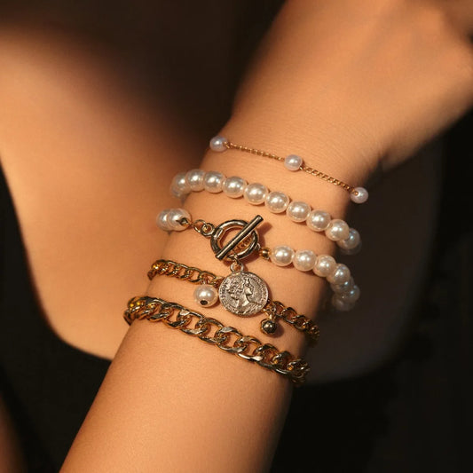 Women's Geometric Pearl Gold Beads Bracelets