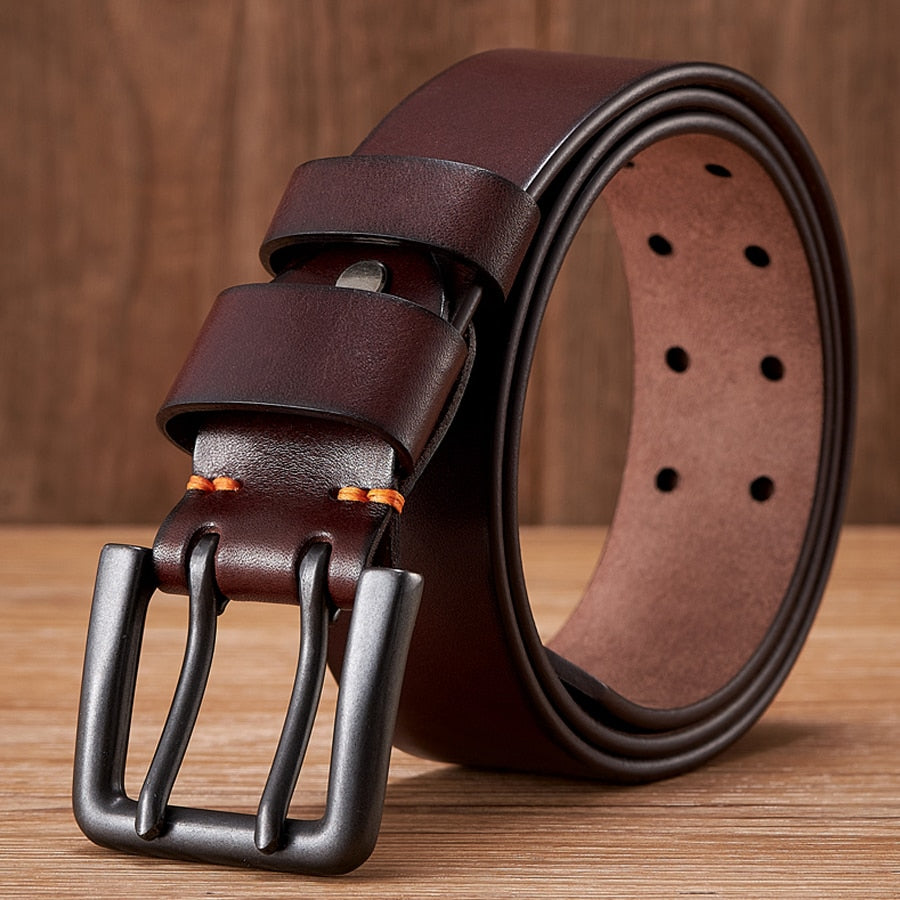 Double Pin Buckle Genuine Leather Men's Belt - 4.3cm Thick Cowboy Jeans Strap