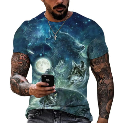 T-shirt streetwear surdimensionné à imprimé loup 3D pour hommes