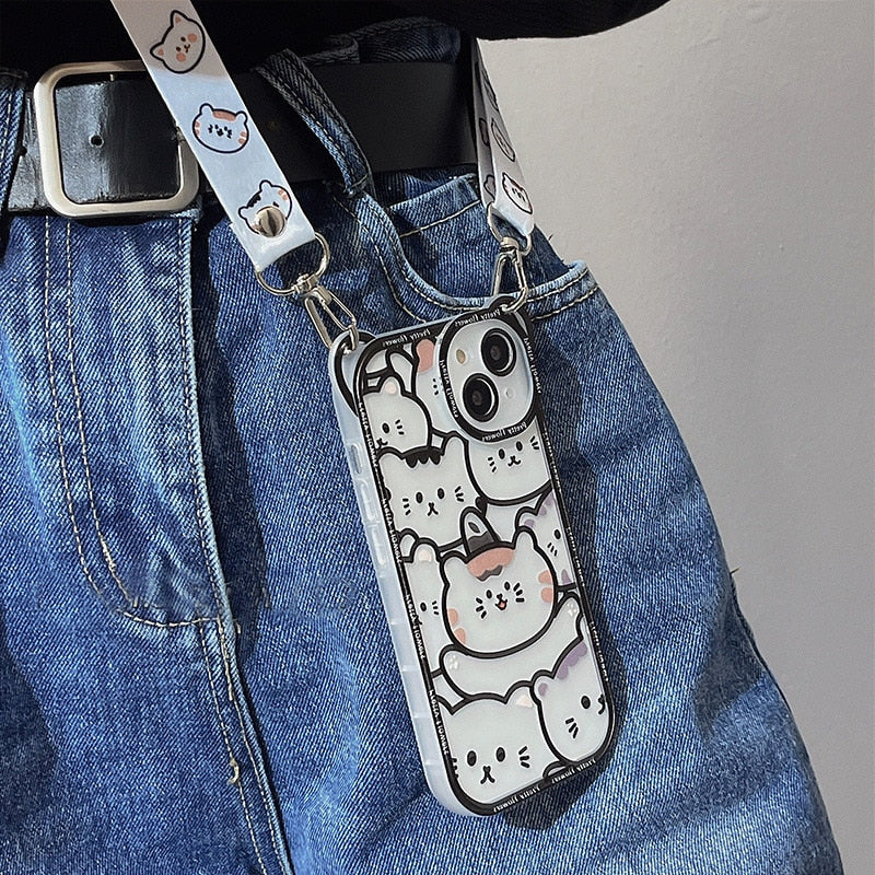 Niedliche Lanyard-Handyhülle mit Bär und Katze