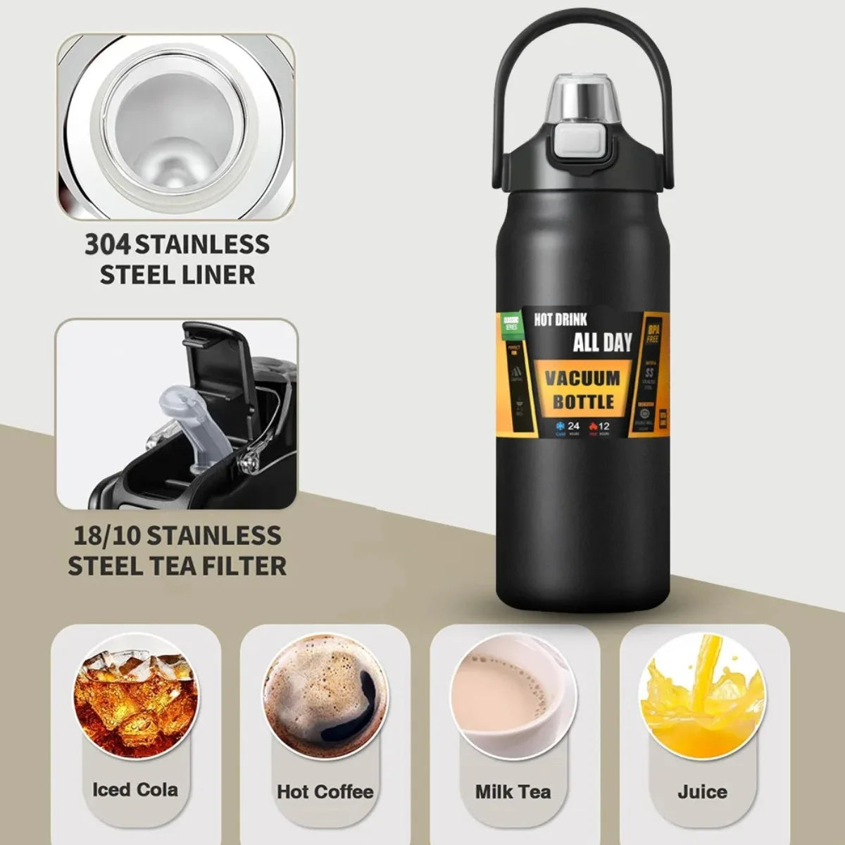 Thermos portable en acier inoxydable 304 avec paille – Bouteille isotherme de voyage