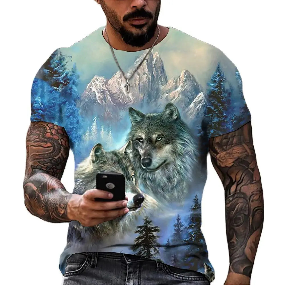 T-shirt streetwear surdimensionné à imprimé loup 3D pour hommes