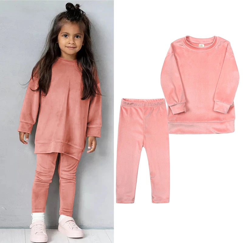 Spring Velvet Suit for Kids Pullover Set with Pants