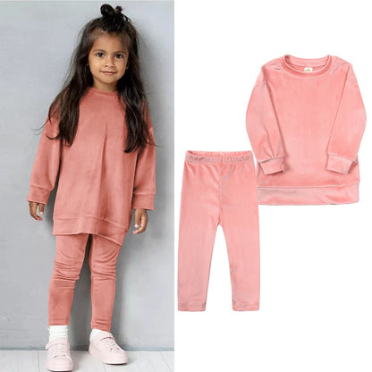 Spring Velvet Suit for Kids Pullover Set with Pants