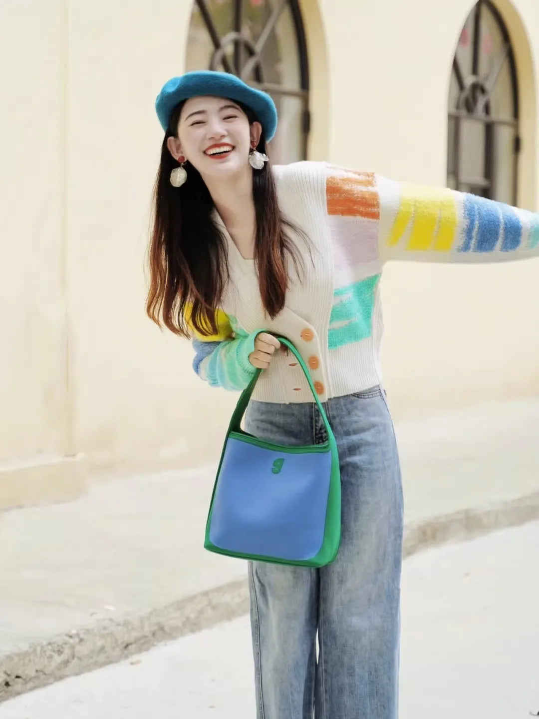 Women's Rainbow Striped Knit Cardigan – V-Neck Double-Breasted Sweater