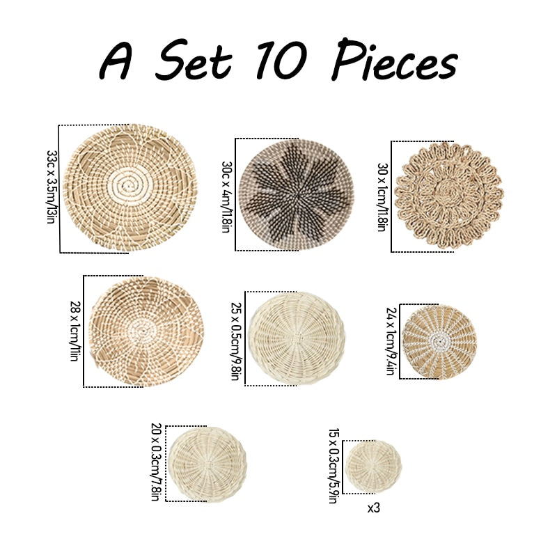 Boho Straw Rattan Hanging Plates - Set of 10