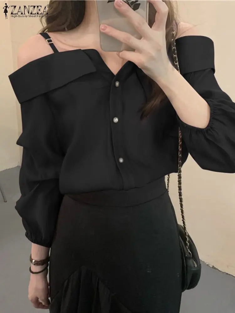 Sexy Casual Tops with Button Straps - Off-Shoulder Blouse