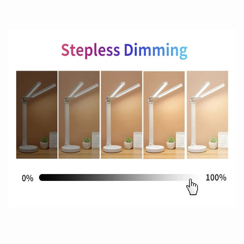 Lampe de bureau LED pliable avec horloge, chargement USB et lumière à intensité variable
