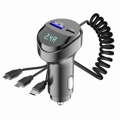 55W 2-Port USB Car Phone Charger 3.1A with Voltage Display Three-In-One USB Retractable Charging Cable