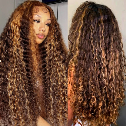 Curly Ombre Honey Brown Deep Wave Frontal Lace Human Hair Wig