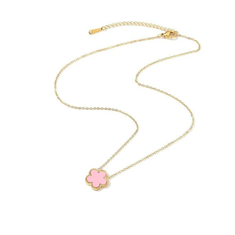 Collier Fleur Plaqué Or 14K - Pendentif Trèfle Double Face