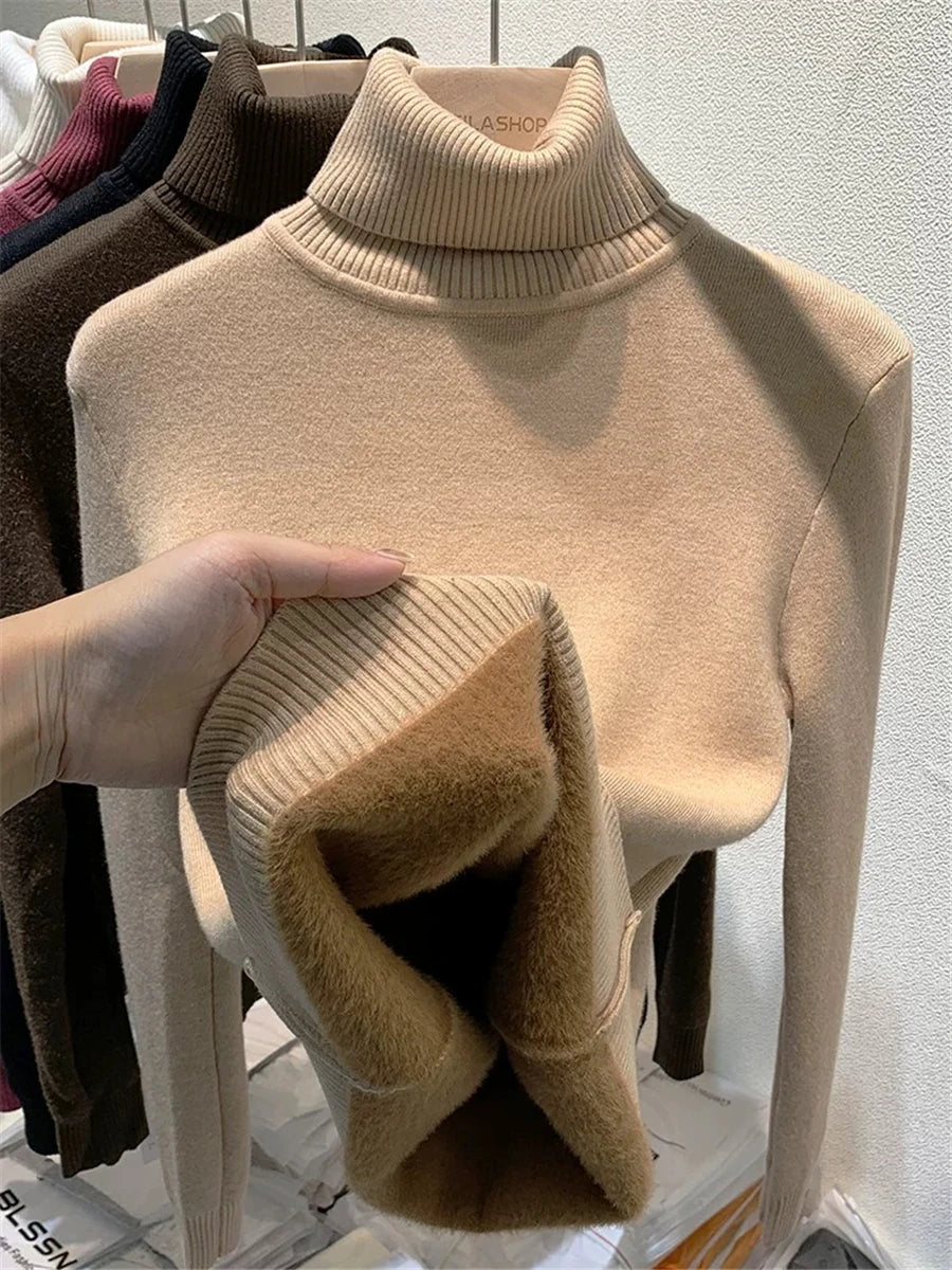 Velvet-Lined Turtleneck Winter Sweater