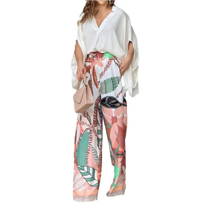 Summer V-Neck Batwing Top & Printed Wide-Leg Pants Set