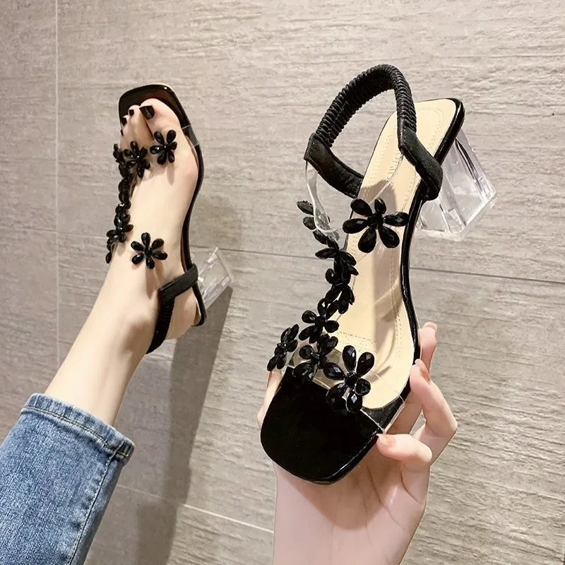 Women Sandals Pvc Crystal Flower Chunky Heel Peep Toe Back Strap Elastic Band