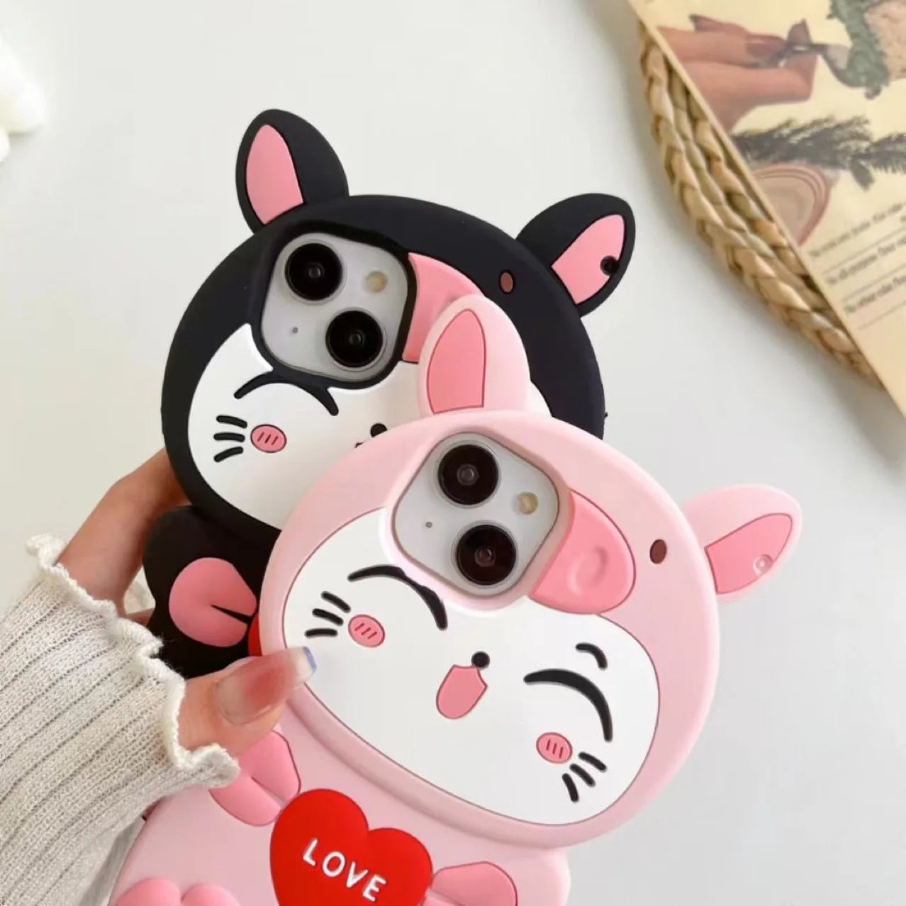 Cartoon Pig & Lucky Cat Silicone iPhone Case