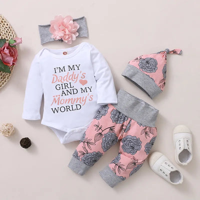 0-18 Months Newborn Baby Girl Clothing Long Sleeve Romper Rose Pant with Hat & Headband Spring 4PCS Outfit Toddler Girl Clothes