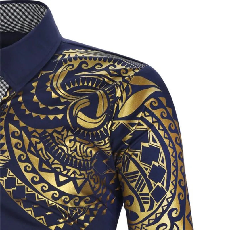 Men's High-Quality Gold Print Long Sleeve Business Dress Shirt