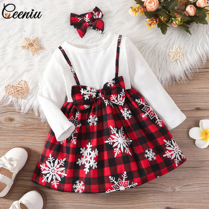 Snowflake Print Two-Piece Bow Baby Girl Dress