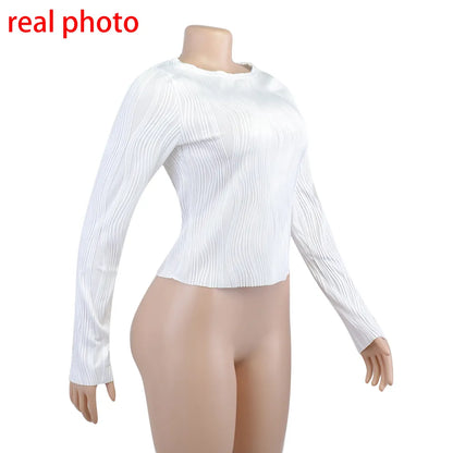 Ruched Long Sleeve T-shirts Women Crop Top