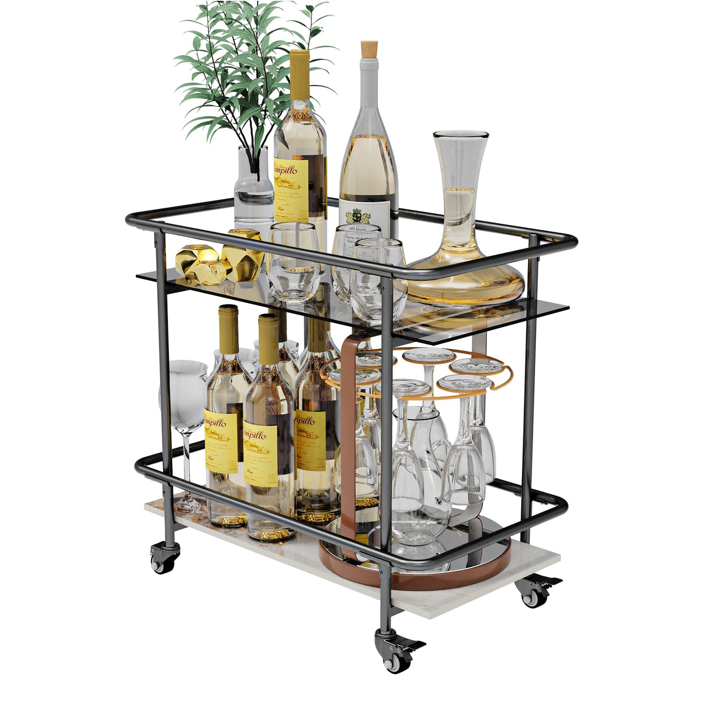 2-Tier Rolling Bar Cart & Lockable Wheels