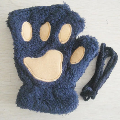 Cute Cat Paw Fingerless Plush Gloves - Warm & Fluffy