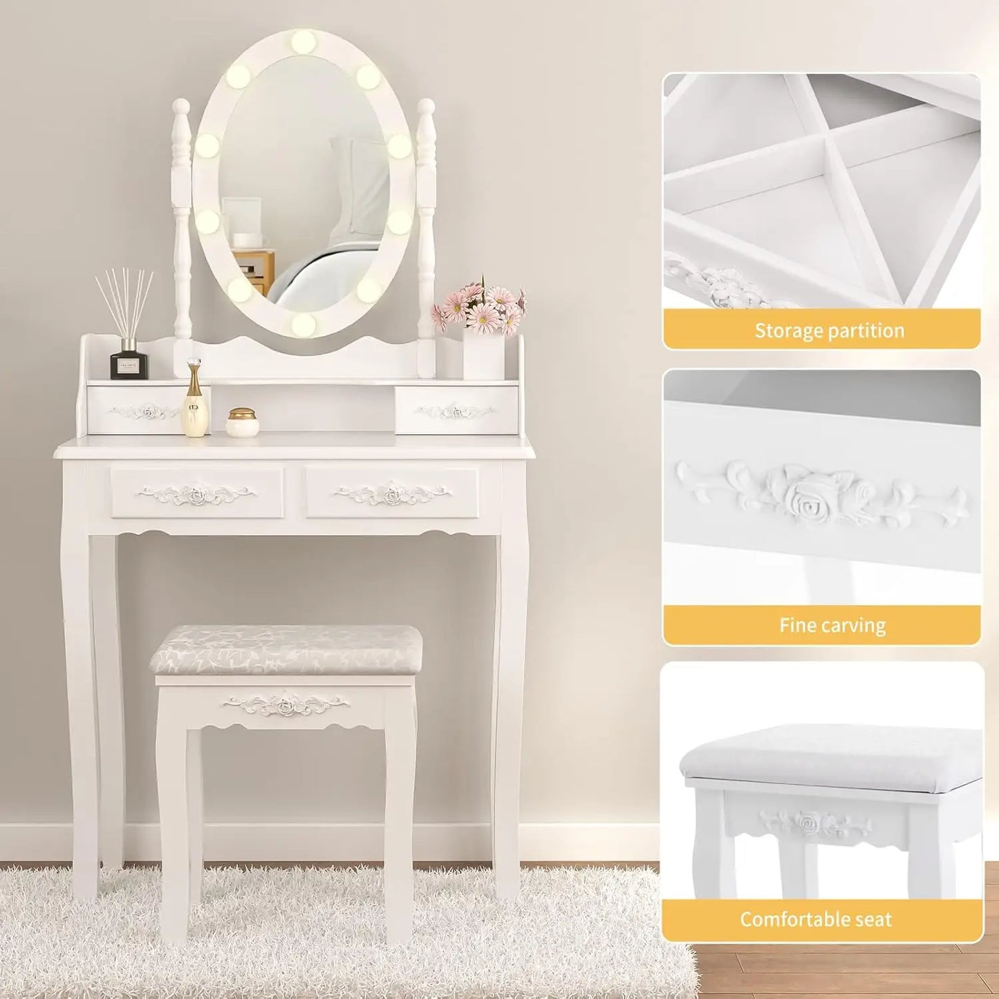 Elegant Vanity Set with Mirror & Stool