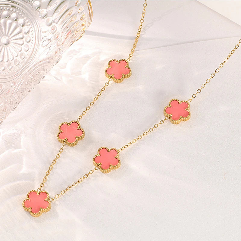 Collier Fleur Plaqué Or 14K - Pendentif Trèfle Double Face