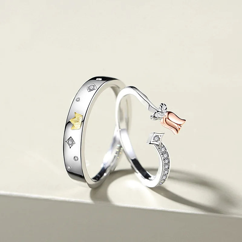 Silver Zircon Rose Little Prince Couple Rings