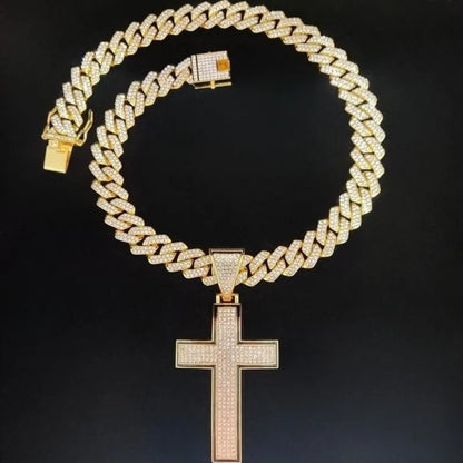 Collier pendentif croix brillante pour hommes et femmes avec chaîne cubaine