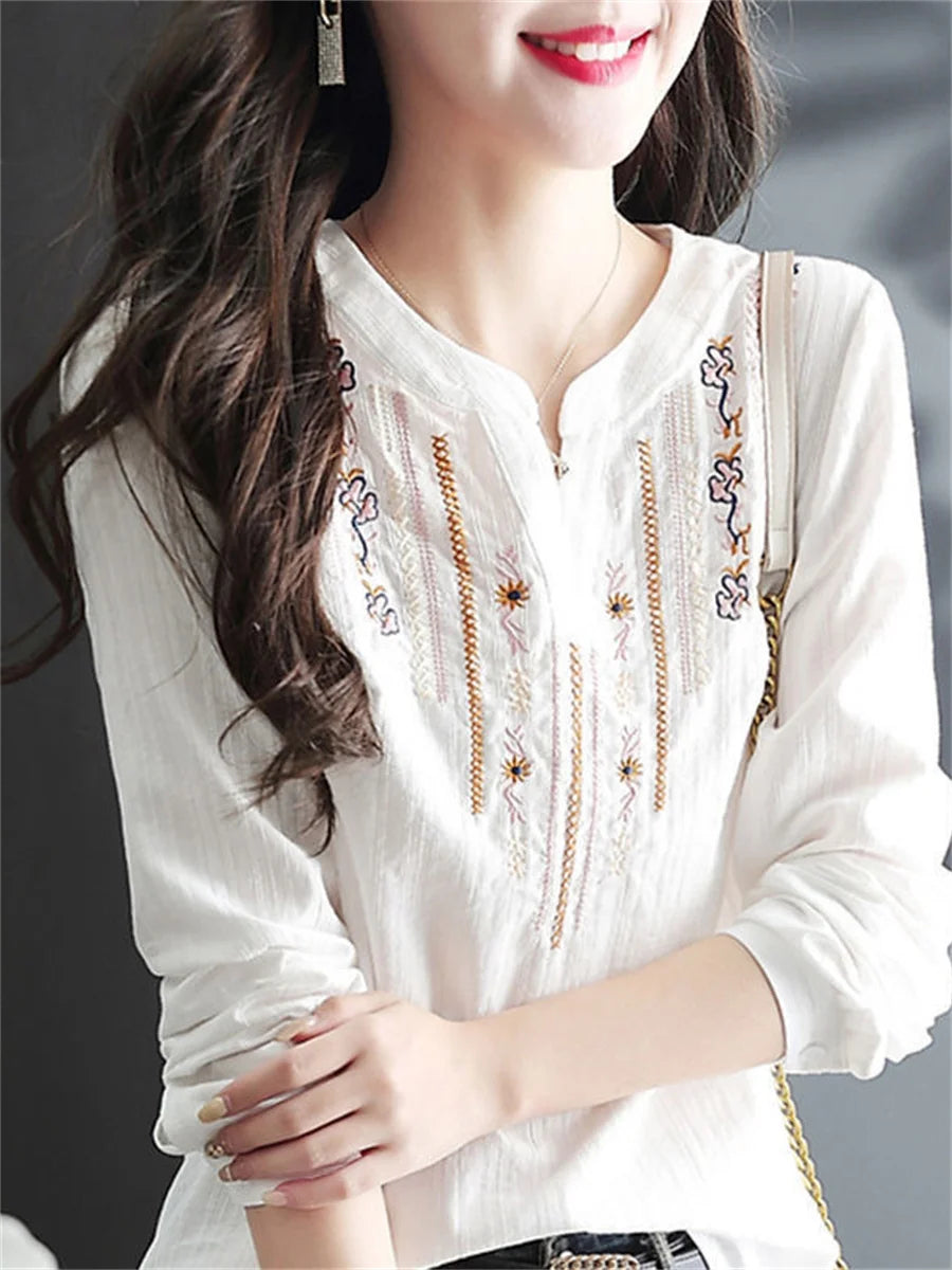 V-Neck Loose Blusas: Women's White Long Sleeve Tops