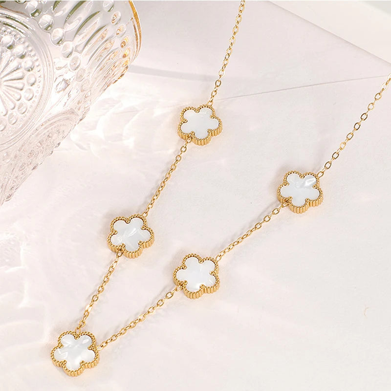 Collier Fleur Plaqué Or 14K - Pendentif Trèfle Double Face