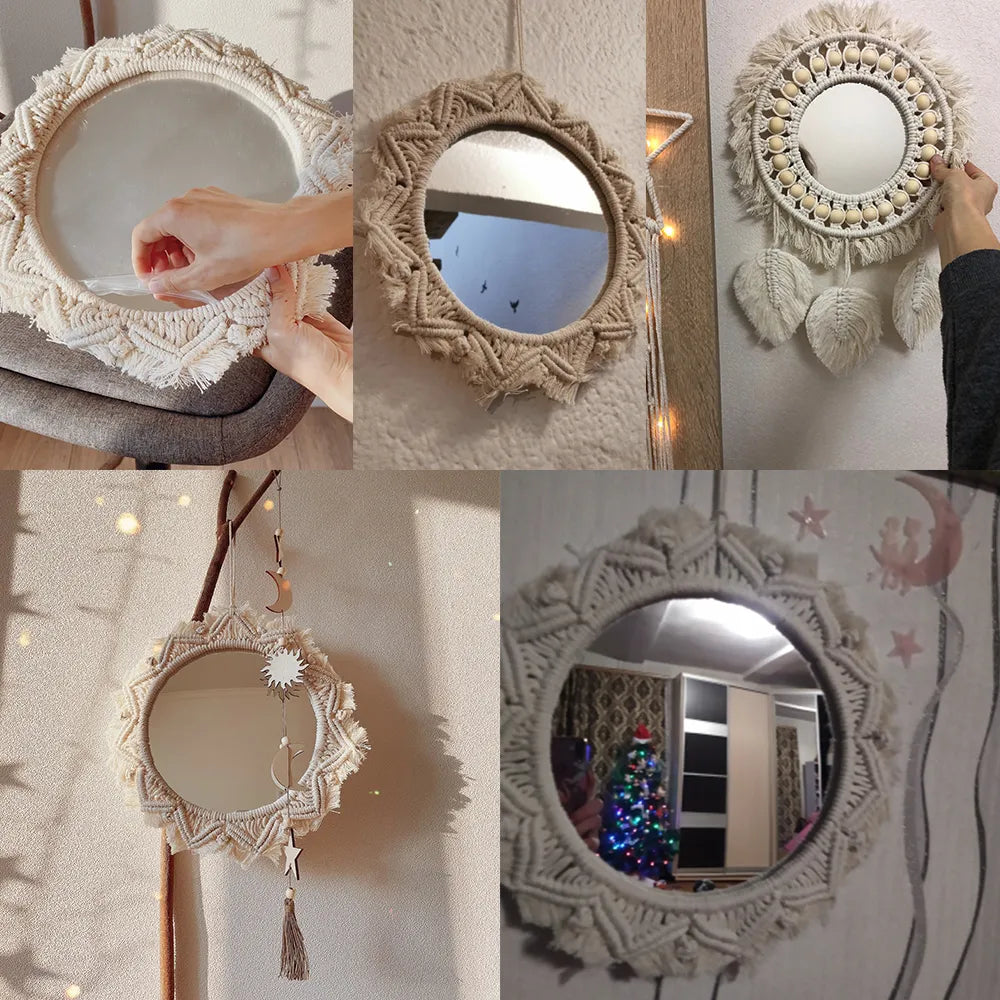 Miroir mural rond en macramé Boho