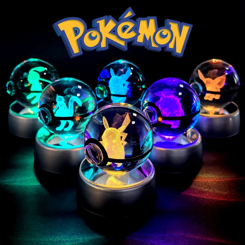 Pokemon Crystal Ball Night Light 3D Pikachu Gengar Mew Mewtwo Lamp Base Pokeball Glass Ball Figure